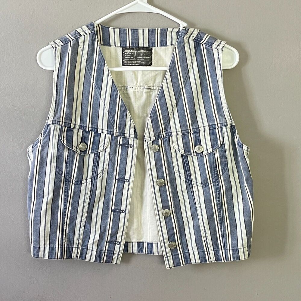 Denim Supply Company Womens Crop Jean Vest Striped Blue Size S Button V-Neck